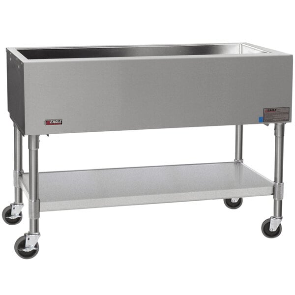An Eagle Group stainless steel cold food table on wheels.