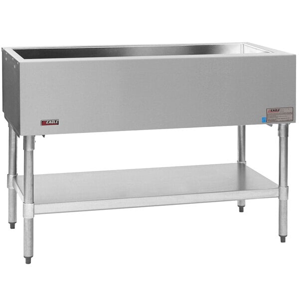 A stainless steel Eagle Group cold food table with a galvanized undershelf.