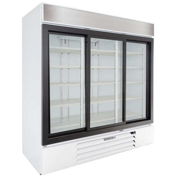 A white Beverage-Air MarketMax refrigerator with glass doors.