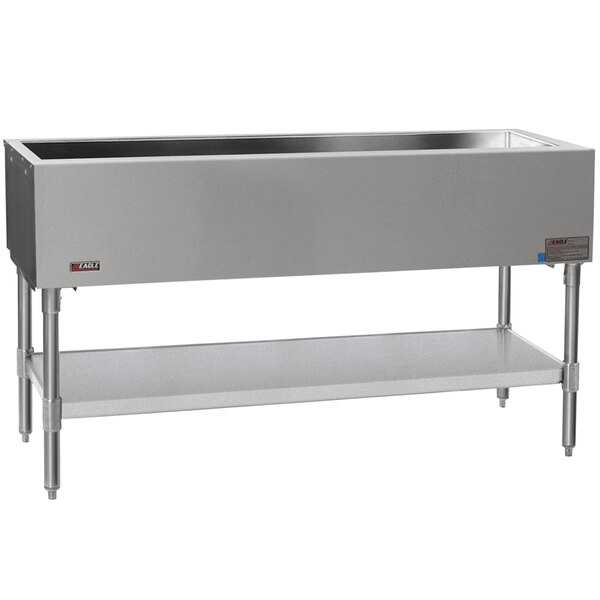 A rectangular Eagle Group cold food table with a stainless steel base holding a large metal container.