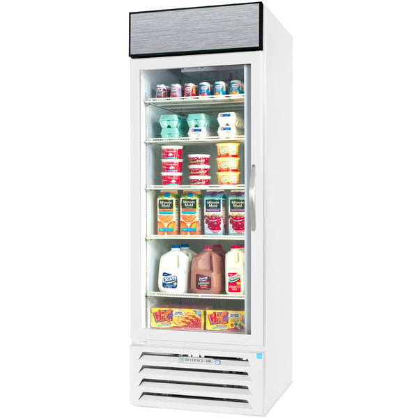 A Beverage-Air white glass door merchandiser refrigerator full of dairy products.