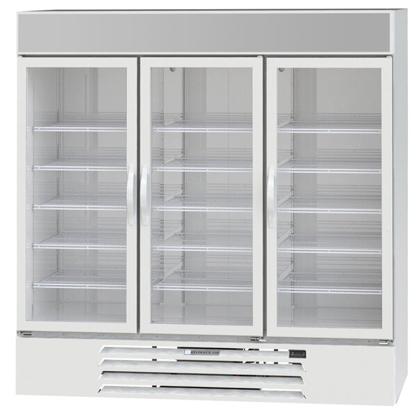 A Beverage-Air white glass door refrigerator with shelves.