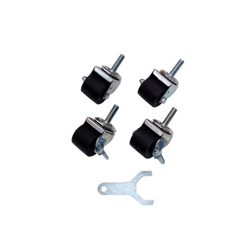 A set of True stem casters with black wheels and metal swivel stems.
