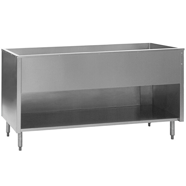 A stainless steel Eagle Group cold food table with an enclosed base and clear shelf.