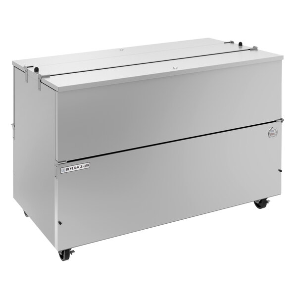 A Beverage-Air stainless steel milk cooler with wheels.