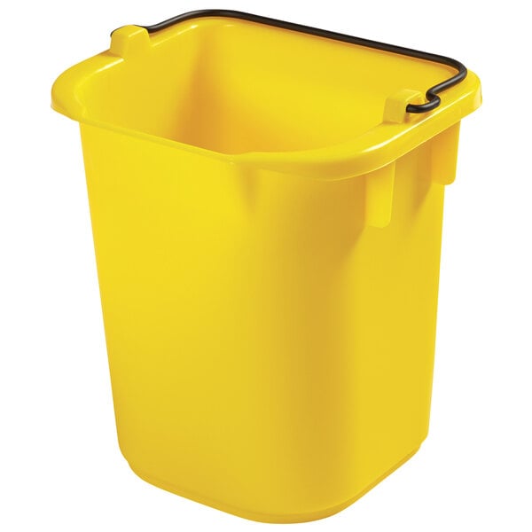 A yellow plastic bucket with a black handle.