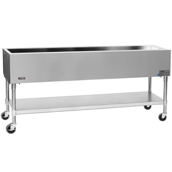 A rectangular metal container on wheels with a galvanized metal base.