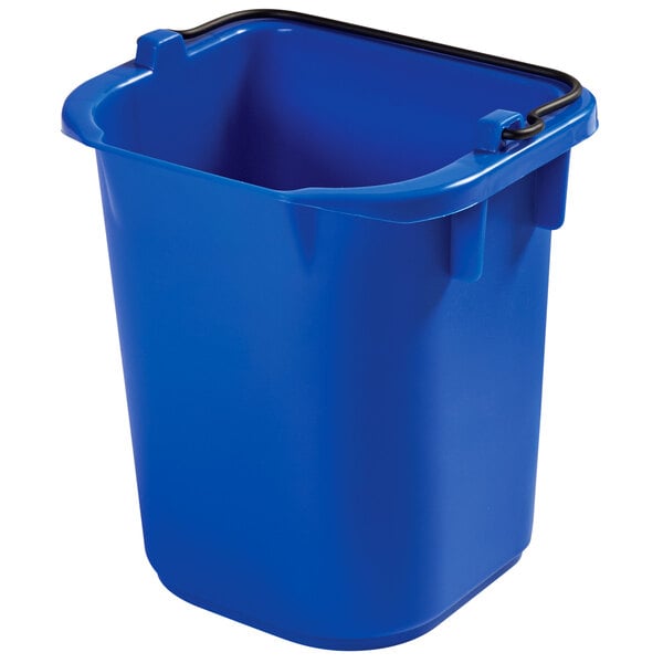 A blue Rubbermaid plastic bucket with a black handle.