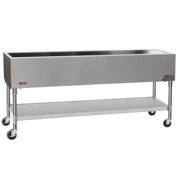 An Eagle Group stainless steel rectangular container with a white base on wheels.