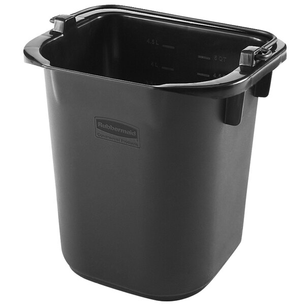 A black Rubbermaid pail with a handle.