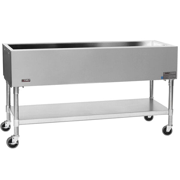 An Eagle Group mobile ice-cooled cold food table with a galvanized undershelf on wheels.