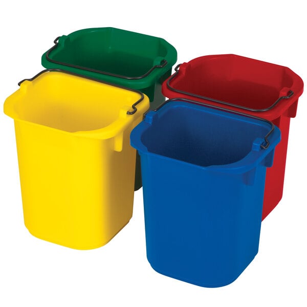 A group of yellow, red, blue, and green Rubbermaid plastic pails.