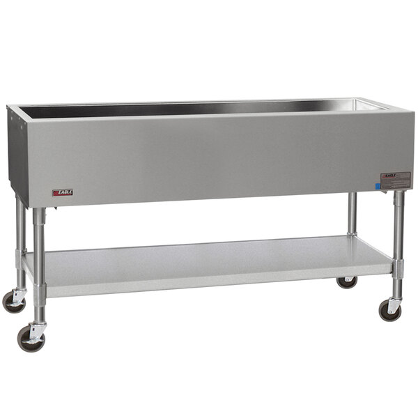 A rectangular stainless steel Eagle Group mobile cold food table on wheels.