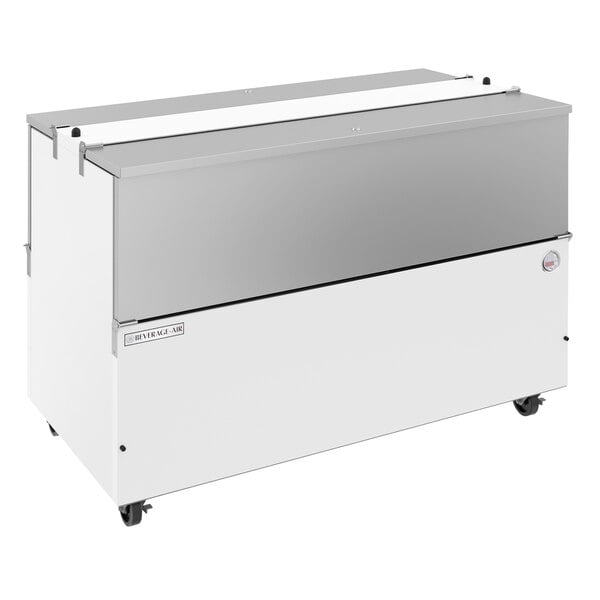 A white Beverage-Air milk cooler with stainless steel interior on wheels.