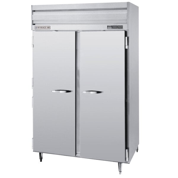 A Beverage-Air stainless steel dual temperature reach-in refrigerator with two doors.