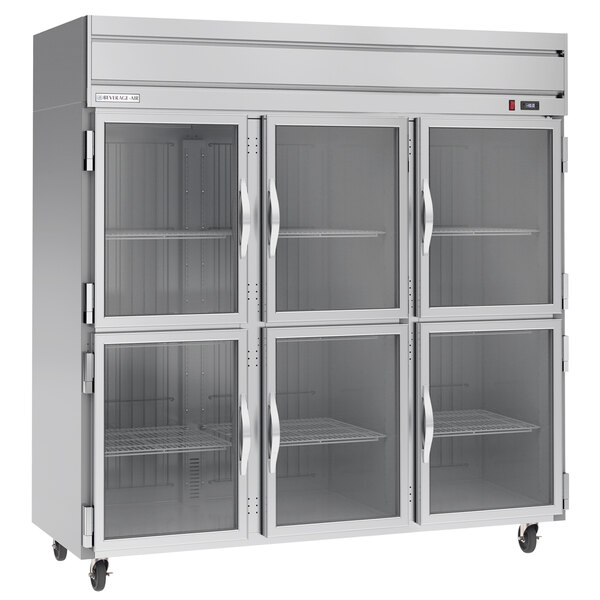 A Beverage-Air Horizon Series stainless steel reach-in refrigerator with half glass doors.