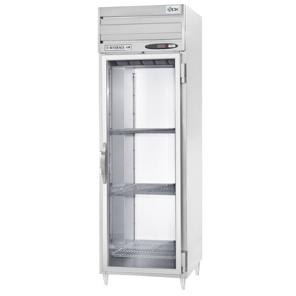 A Beverage-Air stainless steel reach-in refrigerator with a glass door.