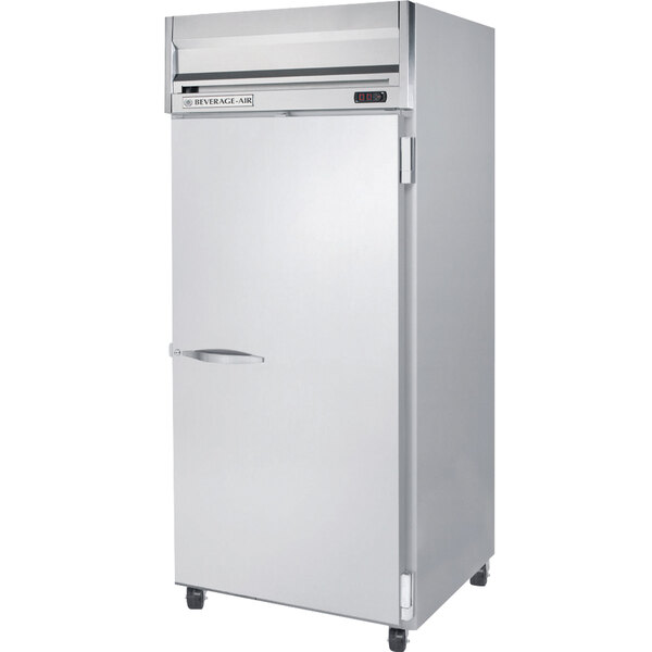A white Beverage-Air reach-in refrigerator with a silver handle on wheels.