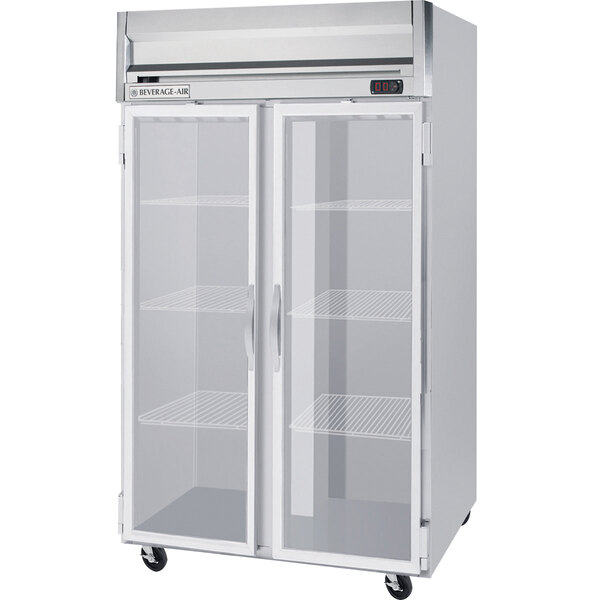 A Beverage-Air Horizon Series reach-in freezer with glass doors.