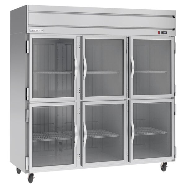 A Beverage-Air stainless steel reach-in refrigerator with half glass doors.