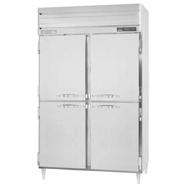 A stainless steel Beverage-Air reach-in refrigerator and freezer with two half doors.