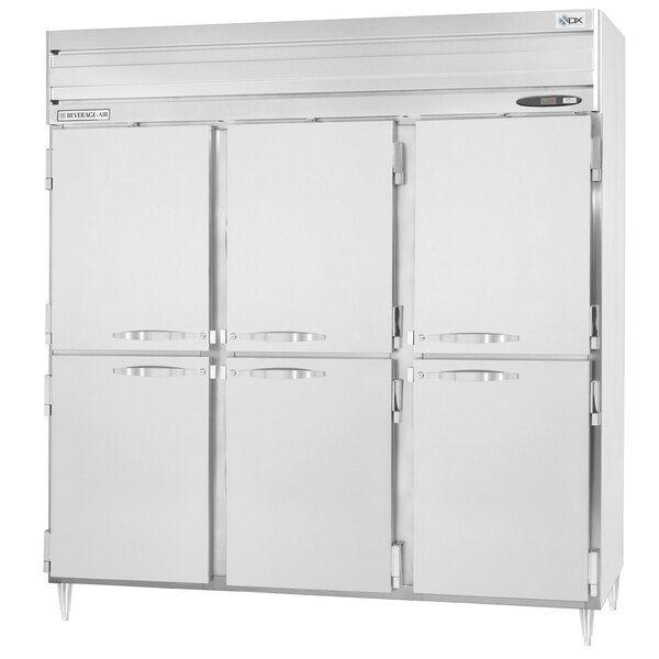 A stainless steel Beverage-Air pass-through refrigerator with two half doors and silver handles.