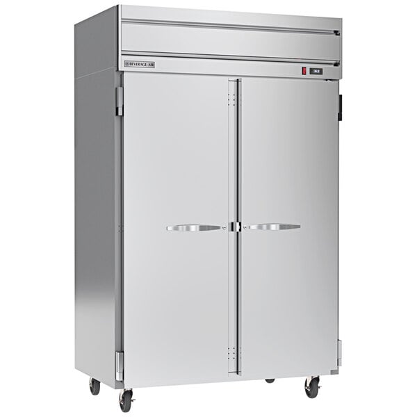 A large silver Beverage-Air reach-in refrigerator with two doors.