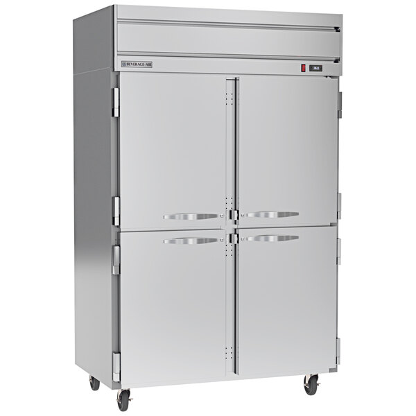 A Beverage-Air reach-in refrigerator with two doors, one white and one stainless steel.