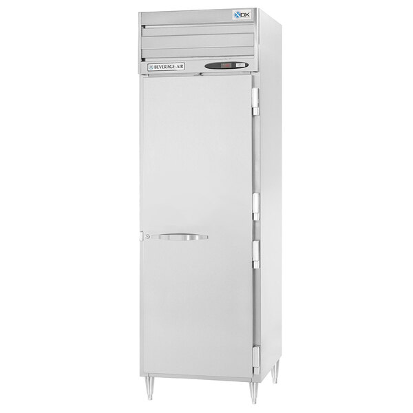 A stainless steel Beverage-Air pass-through refrigerator with a solid door and a silver handle.