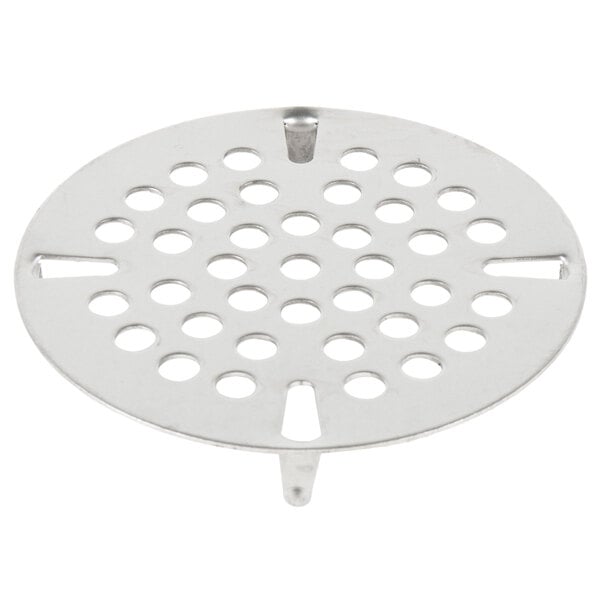 A stainless steel 3 1/2" flat strainer with holes.