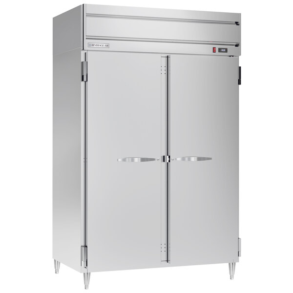 A Beverage-Air stainless steel reach-in freezer with two doors open.