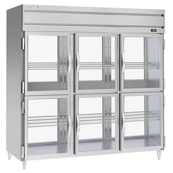 A Beverage-Air stainless steel reach-in refrigerator with glass half doors.