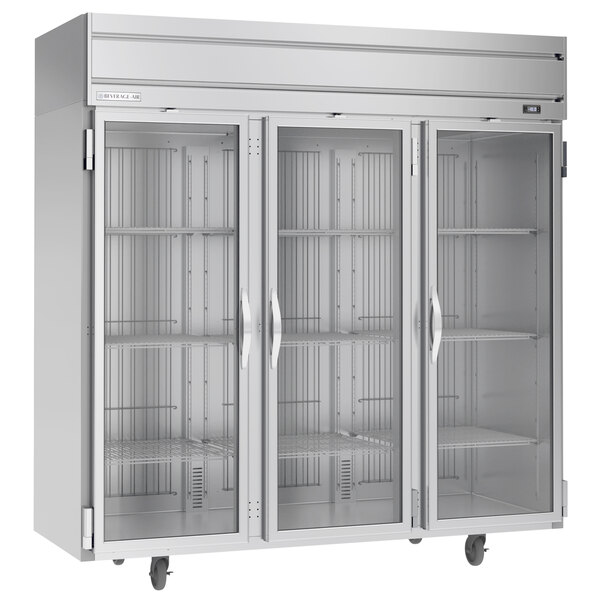 A Beverage-Air stainless steel reach-in freezer with three glass doors.