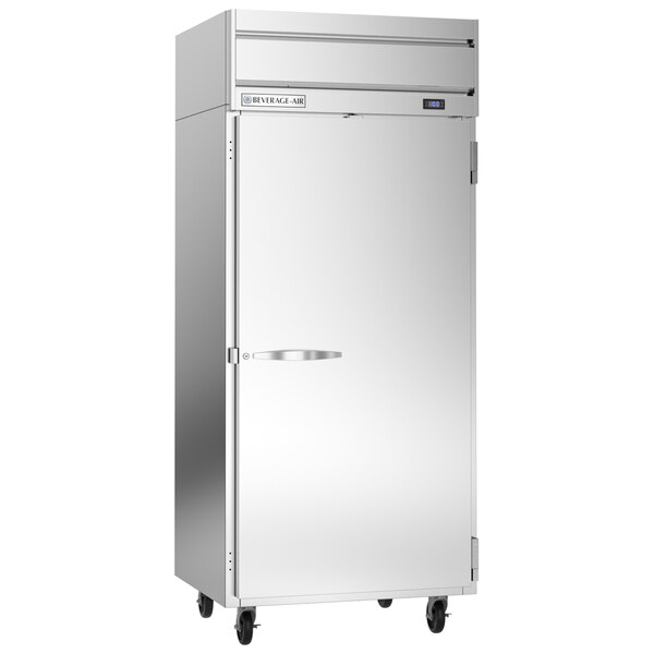 A white Beverage-Air reach-in freezer with a silver handle.