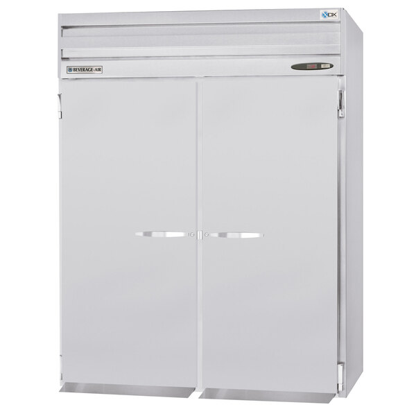 A Beverage-Air stainless steel roll-in refrigerator with two solid doors.