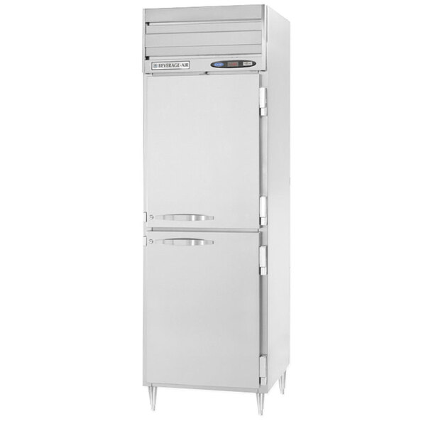 A stainless steel Beverage-Air dual temperature reach-in with two half doors.