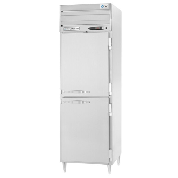 A stainless steel Beverage-Air pass-through refrigerator with two half doors.