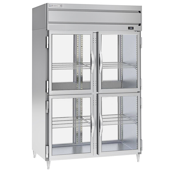 A Beverage-Air stainless steel pass-through refrigerator with glass half doors.