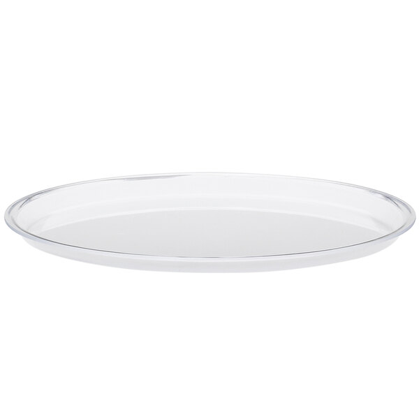 A clear oval acrylic plate with a silver rim.