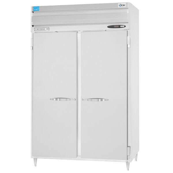 A stainless steel Beverage-Air reach-in refrigerator with two solid doors.