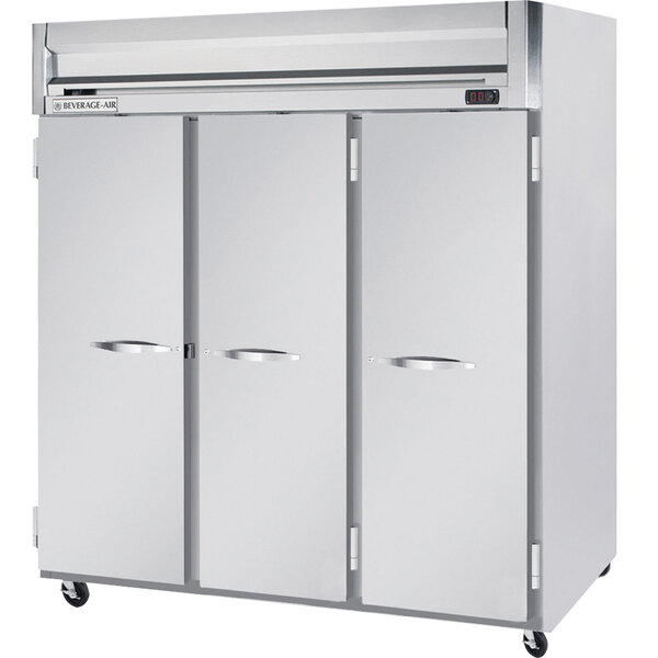 A Beverage-Air stainless steel reach-in freezer with three doors.
