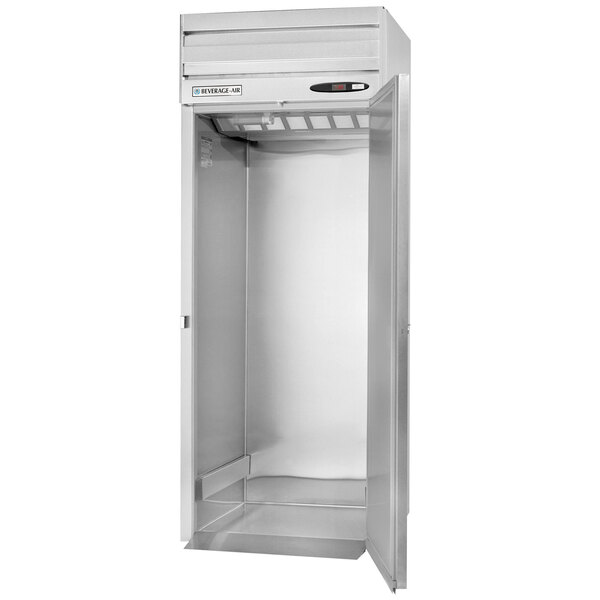 A stainless steel Beverage-Air roll-in freezer with a solid door open.