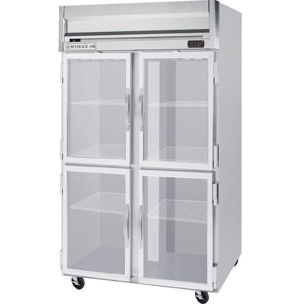A Beverage-Air white reach-in freezer with glass half doors.