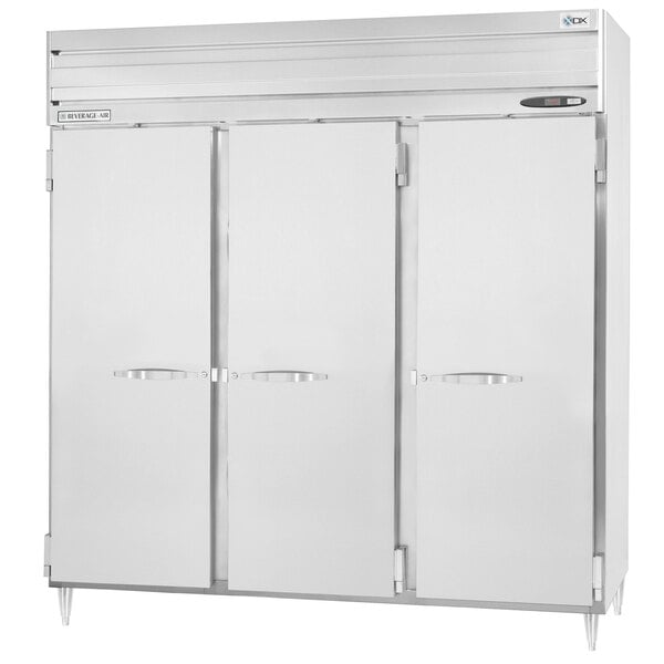 A white Beverage-Air pass-through refrigerator with three doors.