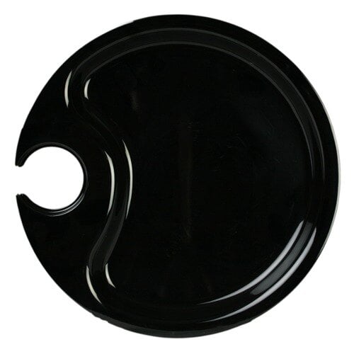 A black Thunder Group Black Pearl melamine party plate with a hole in the middle.