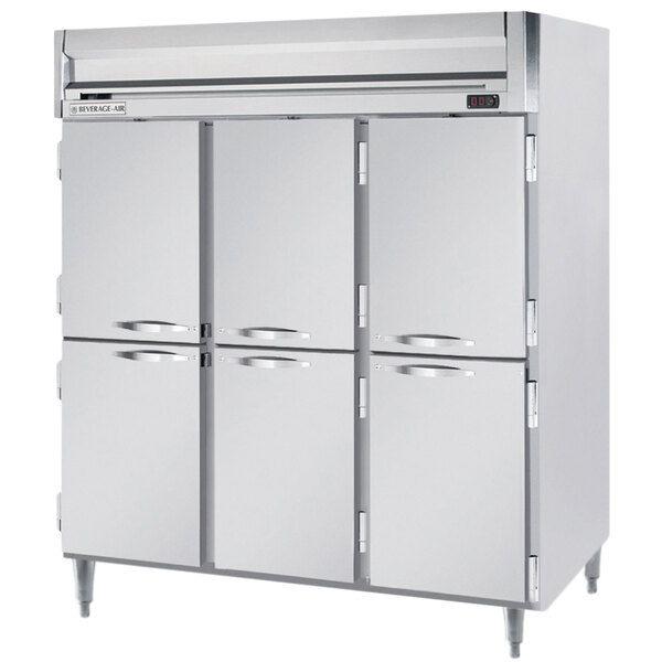 A Beverage-Air stainless steel reach-in freezer with four half doors.