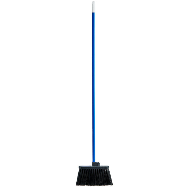 A blue broom with a black handle.