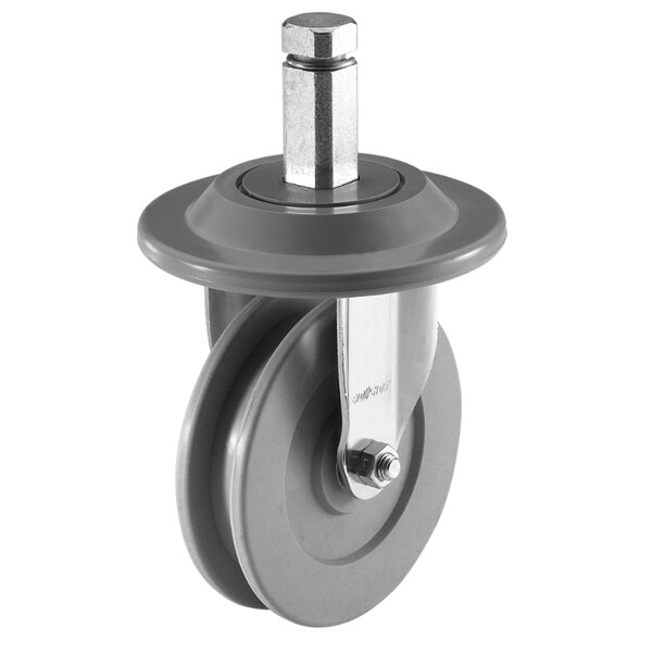 A grey Cambro Camshelving caster with a metal wheel and nut.
