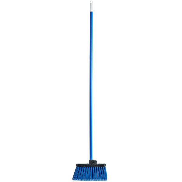 A blue broom with blue flagged bristles and a black handle.