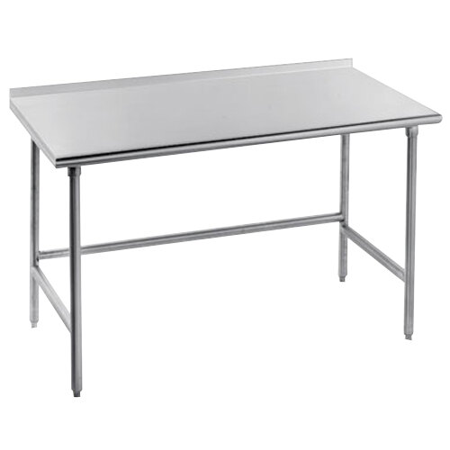 A stainless steel Advance Tabco work table with a backsplash and open base.